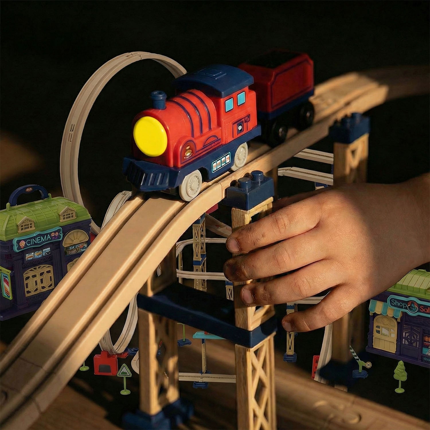 Kids city train playset with loop tracks bridges and stations
