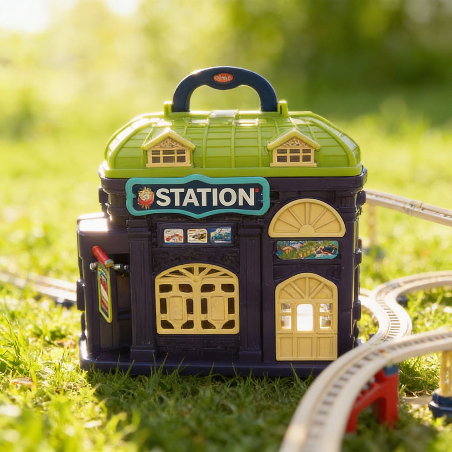 Portable train playset carry case with 137 track pieces