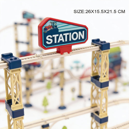 Portable train playset carry case with 146 track pieces and buildings