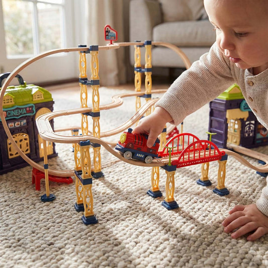 Kids city train track playset with elevated bridges and loop track design