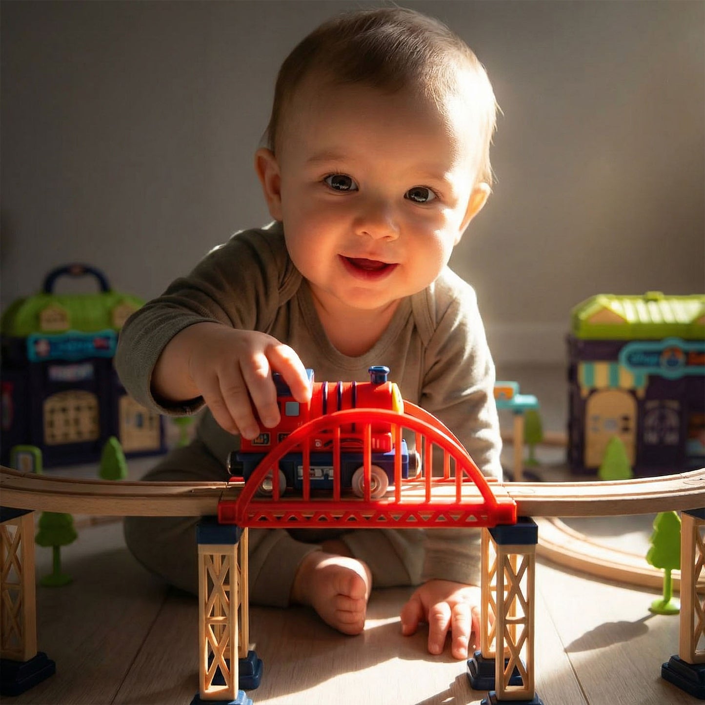 City railway train playset with elevated bridges and loop track