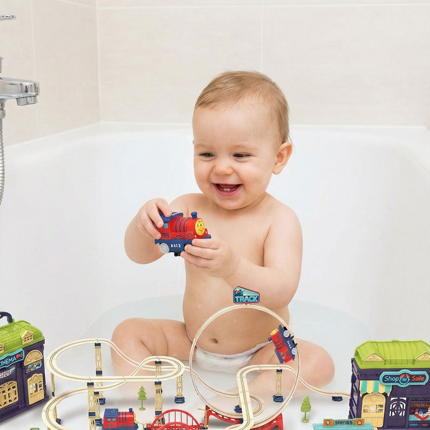 City railway train playset with elevated bridges and loop track