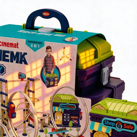 Large kids city train playset with multi level elevated track system