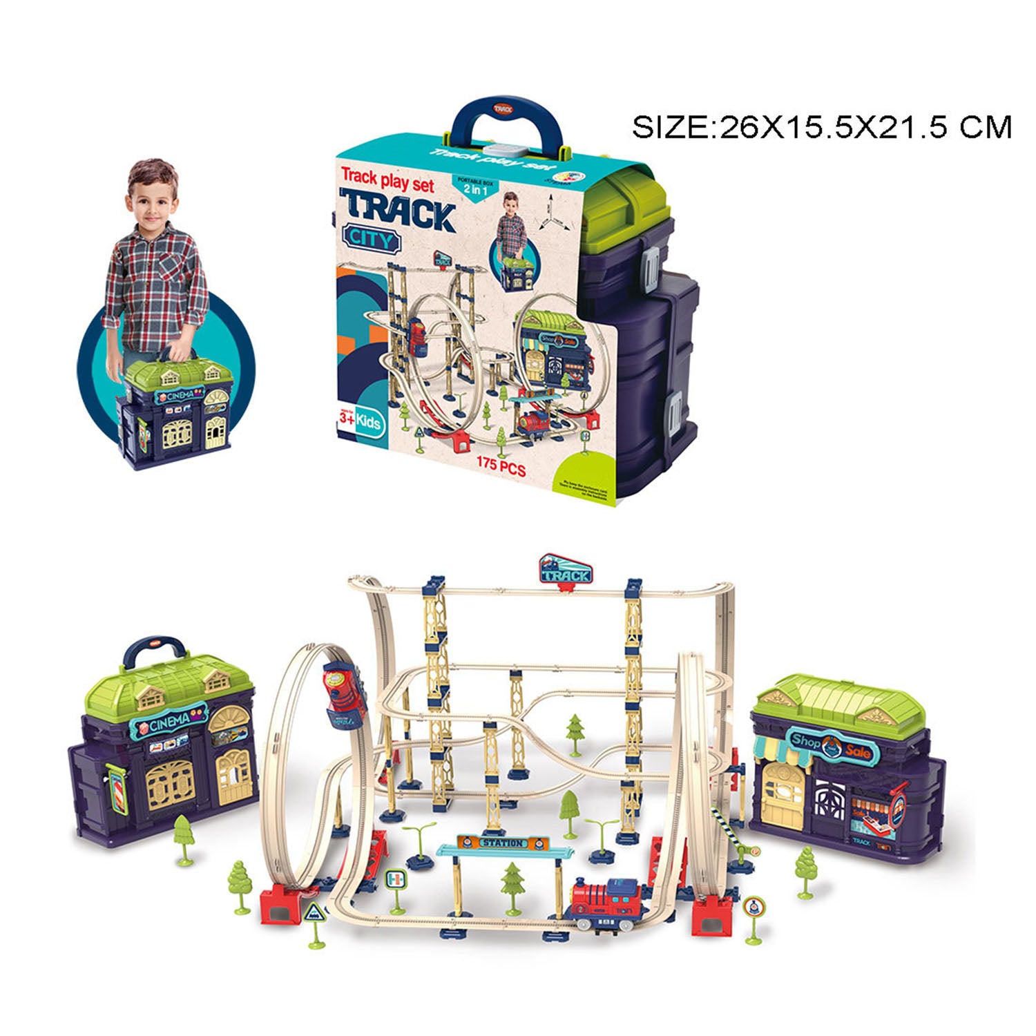 Track City portable train track playset 175 pieces large city railway toy
