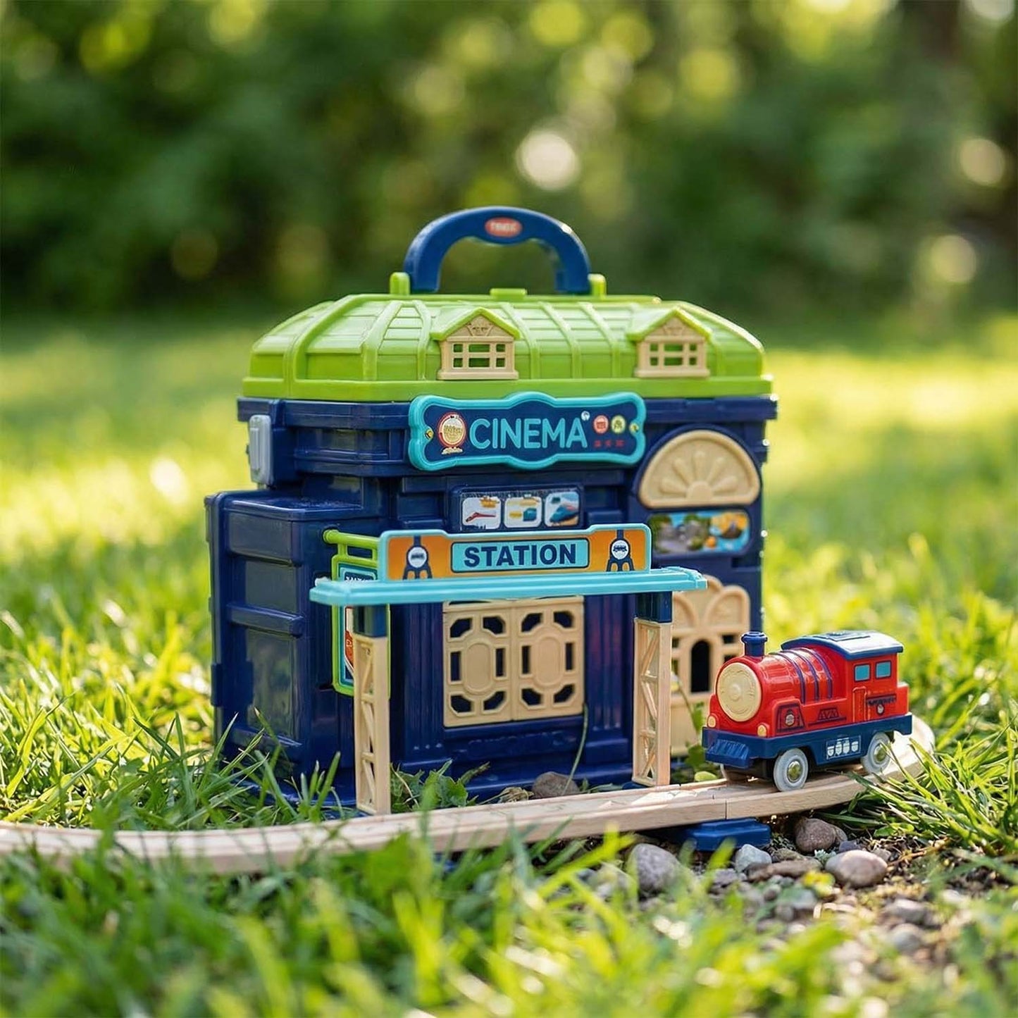 Large kids city train playset with multi level elevated track system