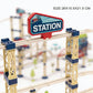 Portable train playset carry case with 175 track pieces and buildings