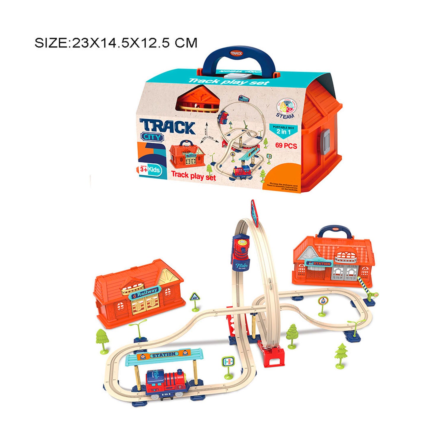 Kids railway track toy set with station and buildings
