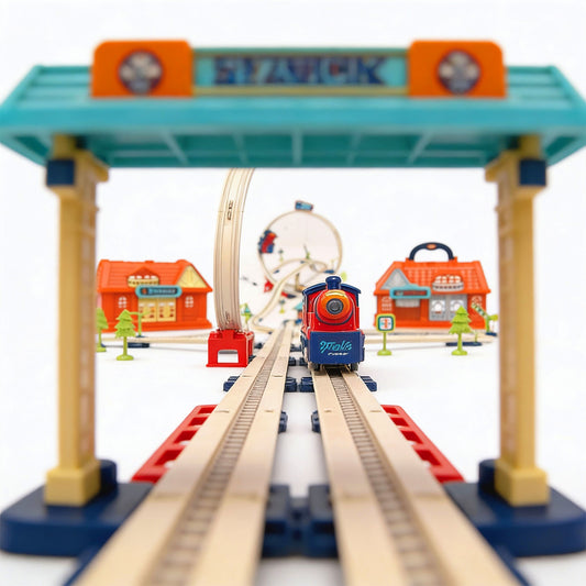 Children playing with Track City train playset