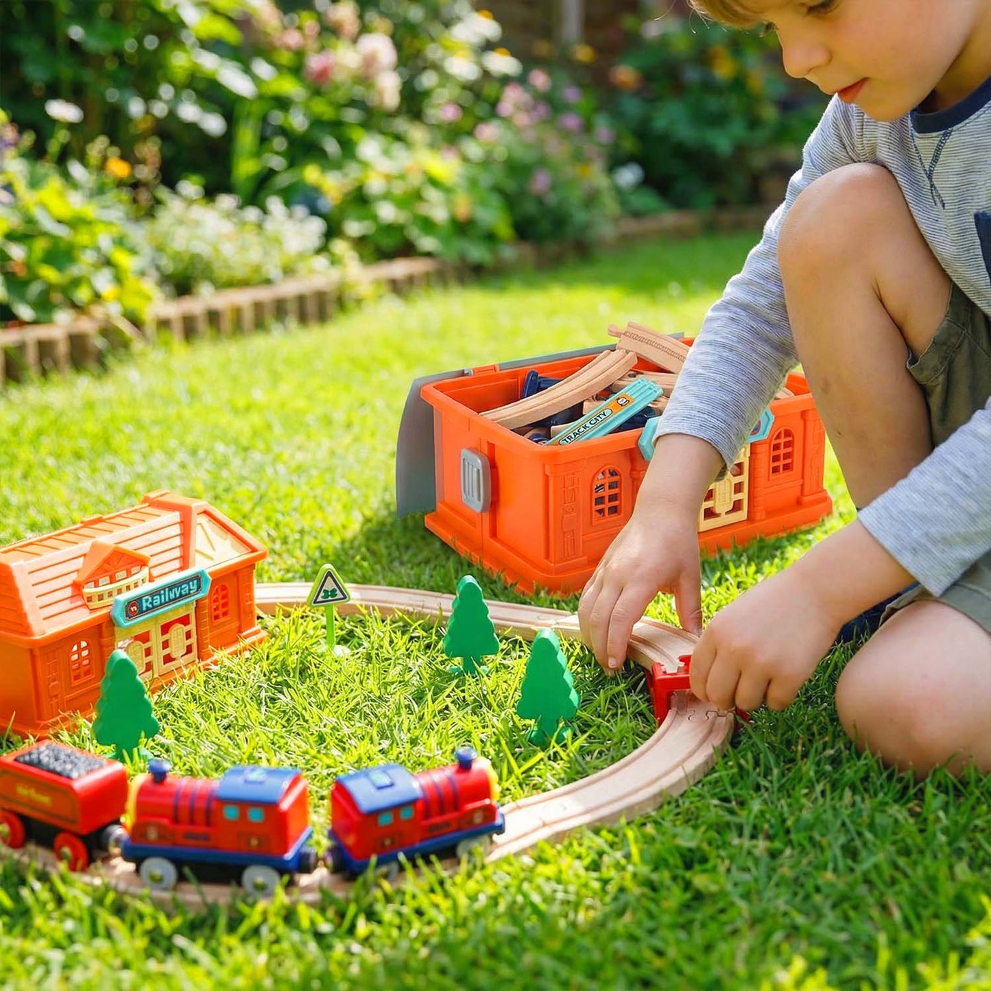 Track City train set assembled with loop and station