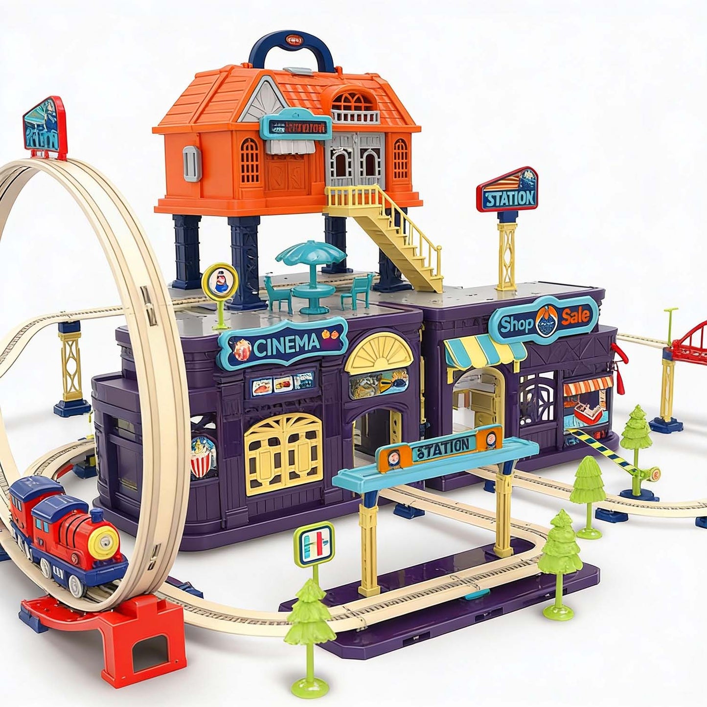 Kids railway track city playset with station and buildings