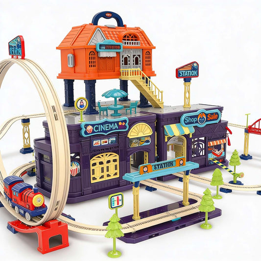 Kids railway track city playset with station and buildings