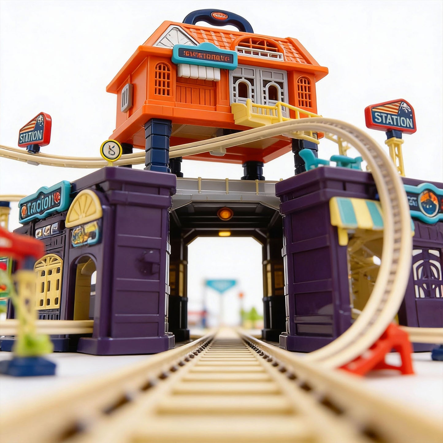 Track City train set assembled with loop and bridge