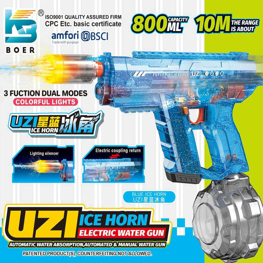 UZI Electric Water Gun 800ml – Rechargeable Water Blaster with LED Lights, 10m Range (28cm)