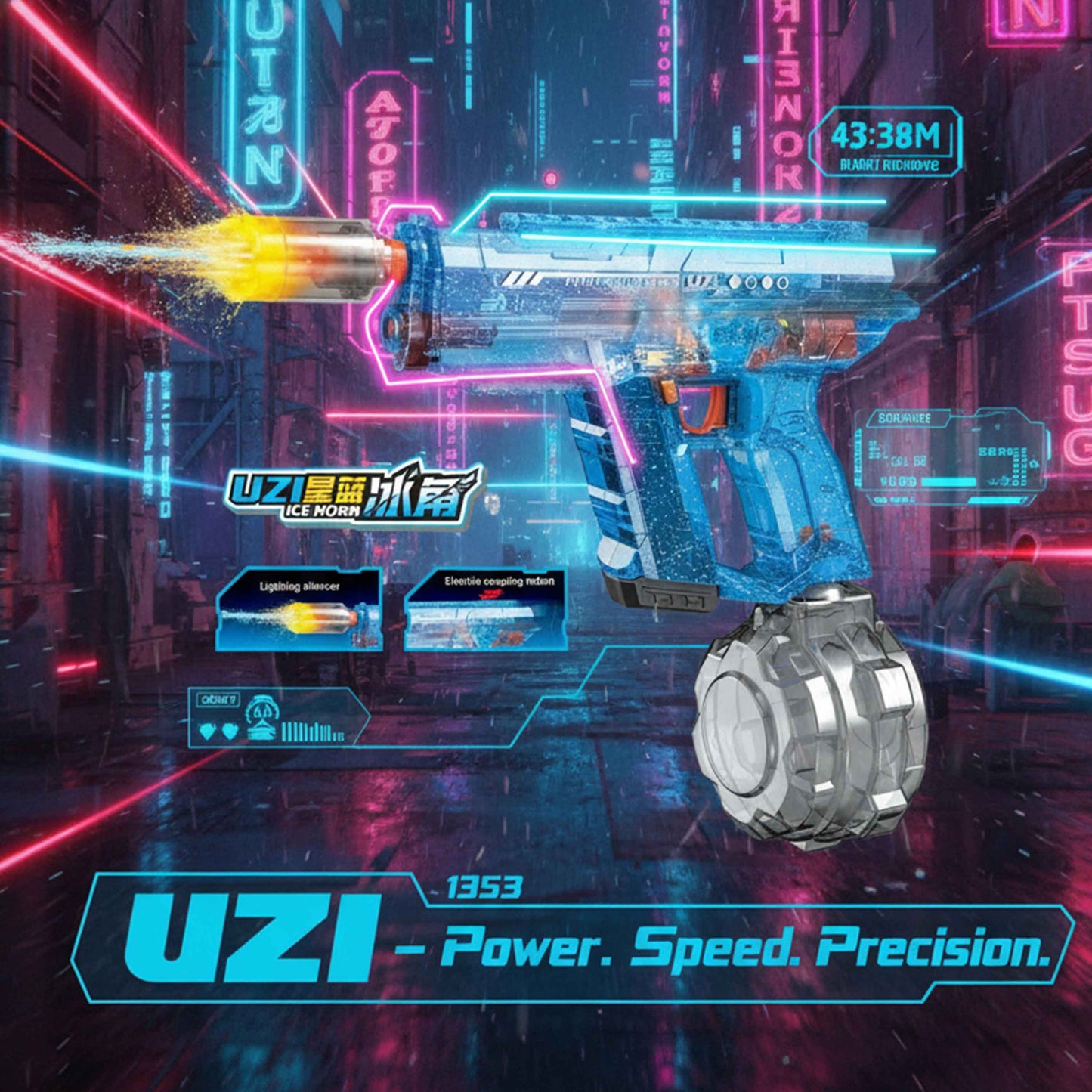 UZI Electric Water Gun 800ml – Rechargeable Water Blaster with LED Lights, 10m Range (28cm)