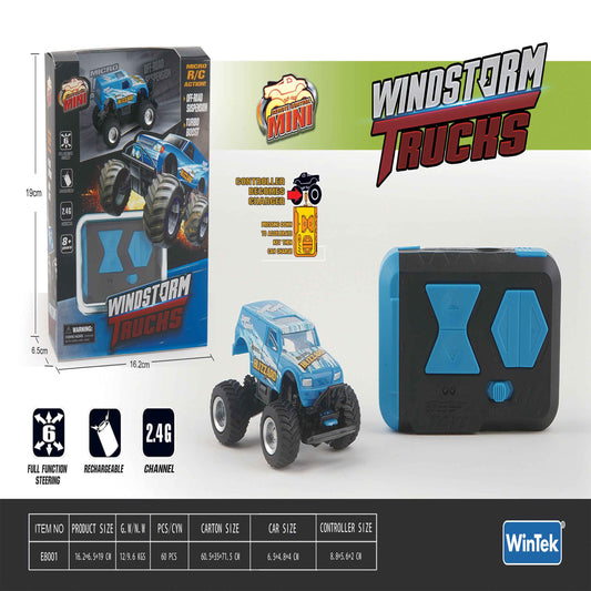Windstorm Trucks Mini RC Monster Truck 2.4GHz Rechargeable (Controller Charger)