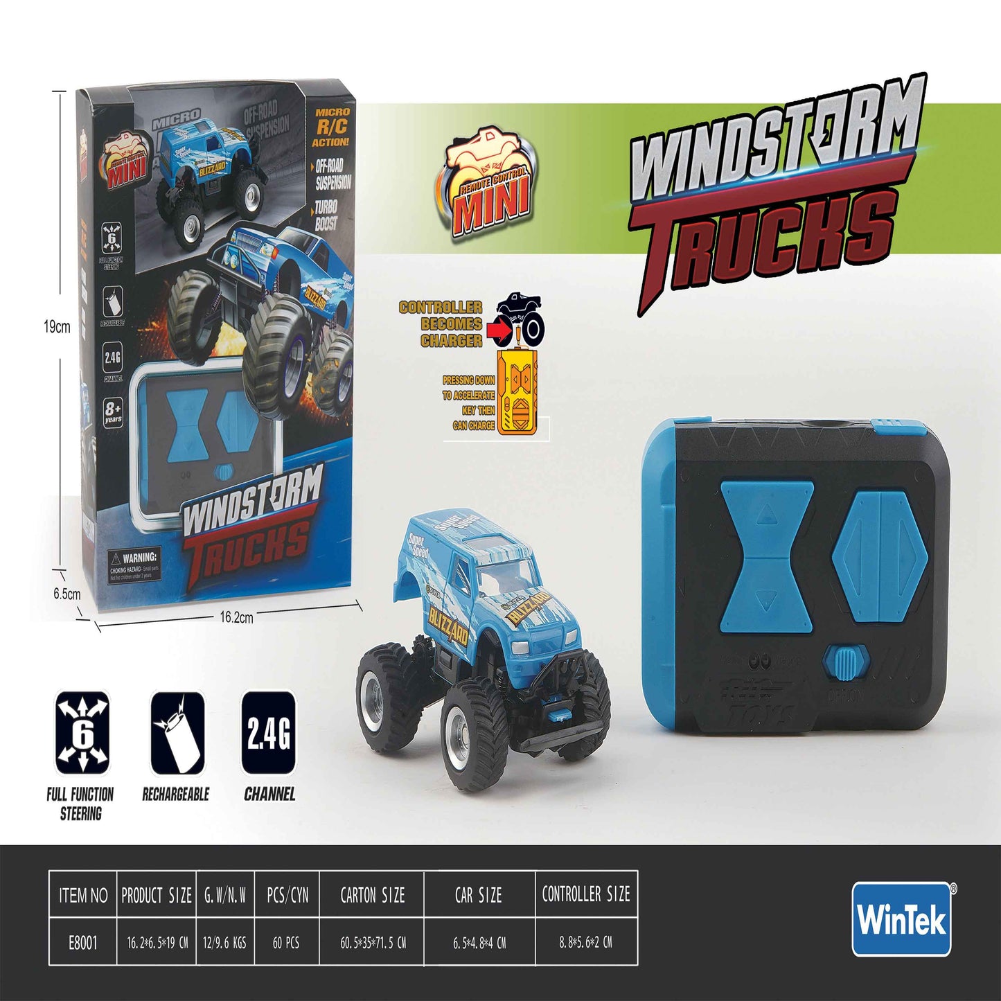 Windstorm Trucks Mini RC Monster Truck 2.4GHz Rechargeable (Controller Charger)